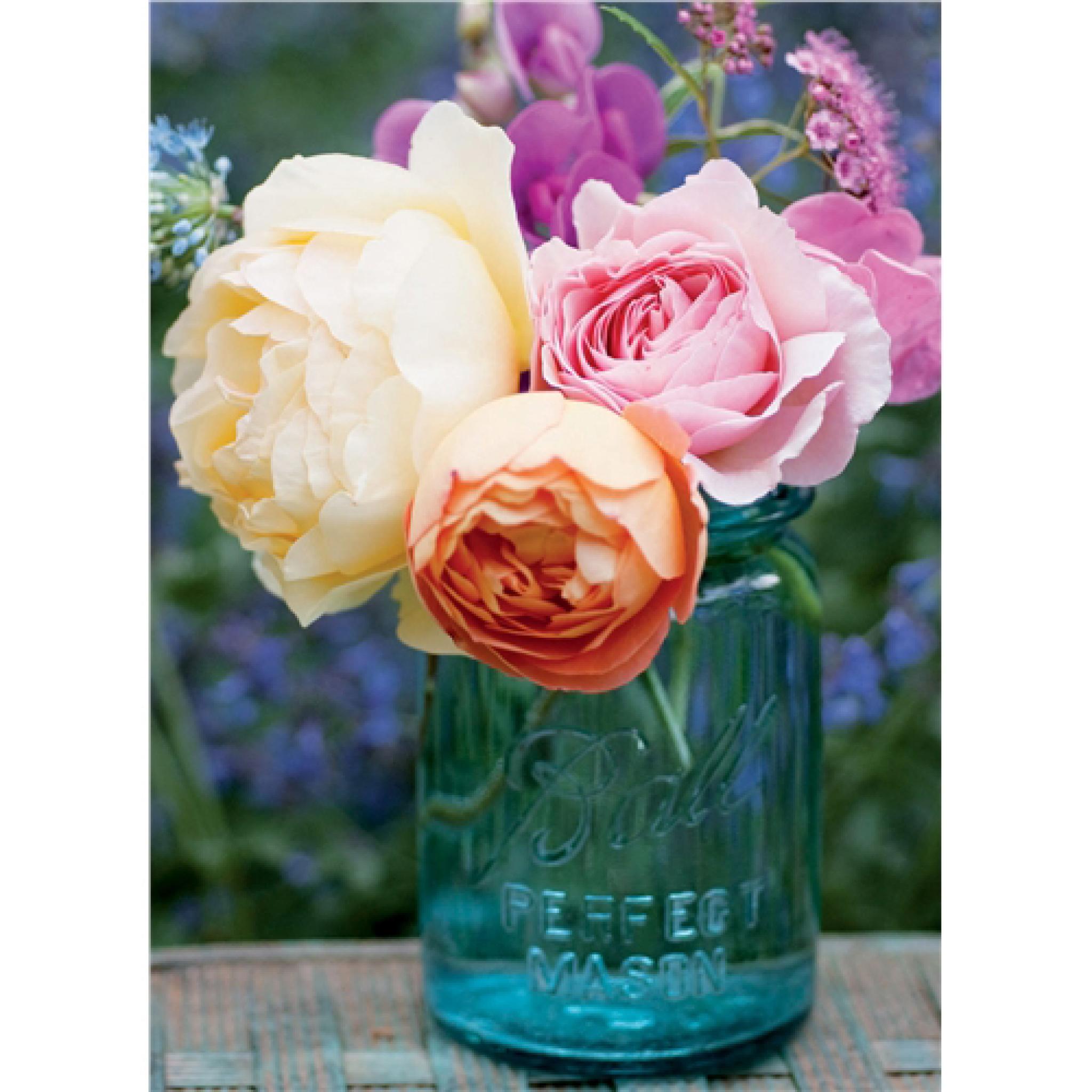 Beautiful Blanks Card Roses In Blue Mason Jar