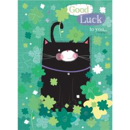 Good Luck Card - Lucky Black Cat In Clover