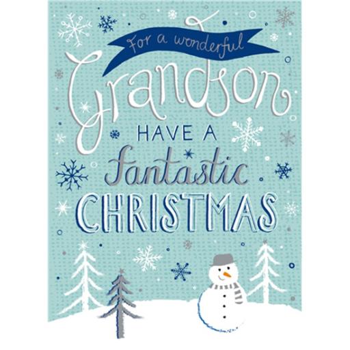 Christmas Card (Single) - Grandson 'Snowman &amp; Handwritten Text'