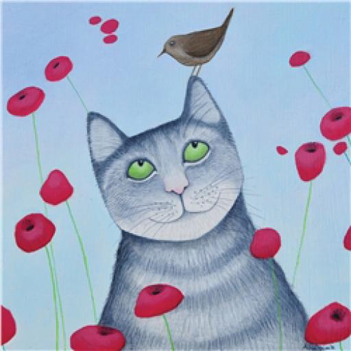 Ailsa Black Card Collection - Grey Cat & Bird 'Cat & Poppies'