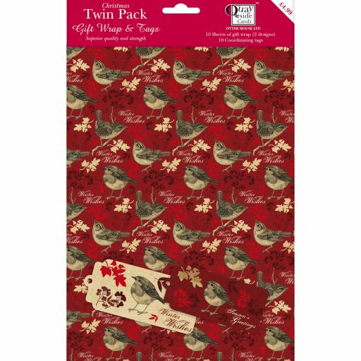 Christmas Wrap & Tags Bumper (Twin) Pack - Vintage Birds (10 Sheets & 10 Tags)