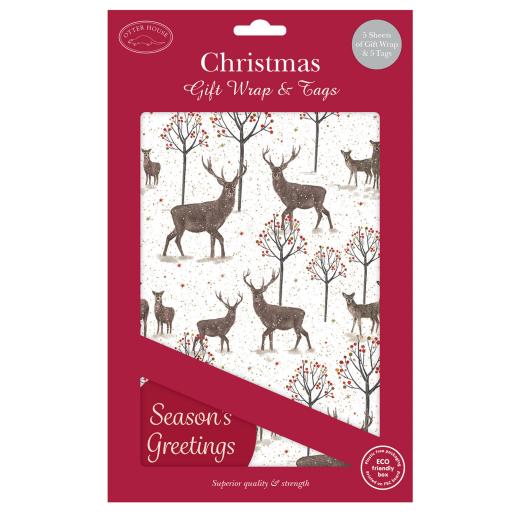 Christmas Wrap &amp; Tags - Majestic Stag (5 Sheets &amp; 5 Tags)