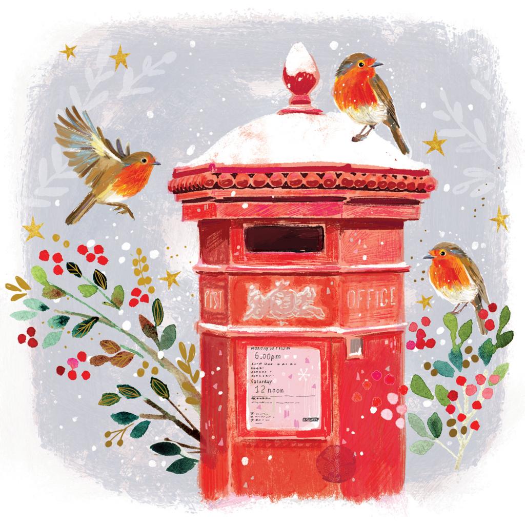 Christmas Postbox and Robins Christmas Card From all of us at Christmas 