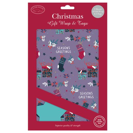 Christmas Wrap &amp; Tags - Stockings &amp; Presents (5 Sheets &amp; 5 Tags)