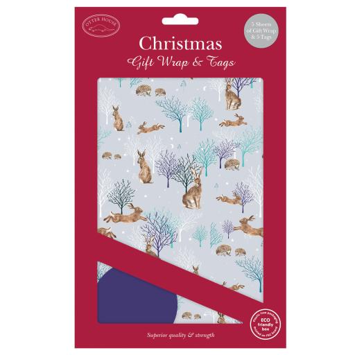 Christmas Wrap &amp; Tags - Woodland Hares (5 Sheets &amp; 5 Tags)