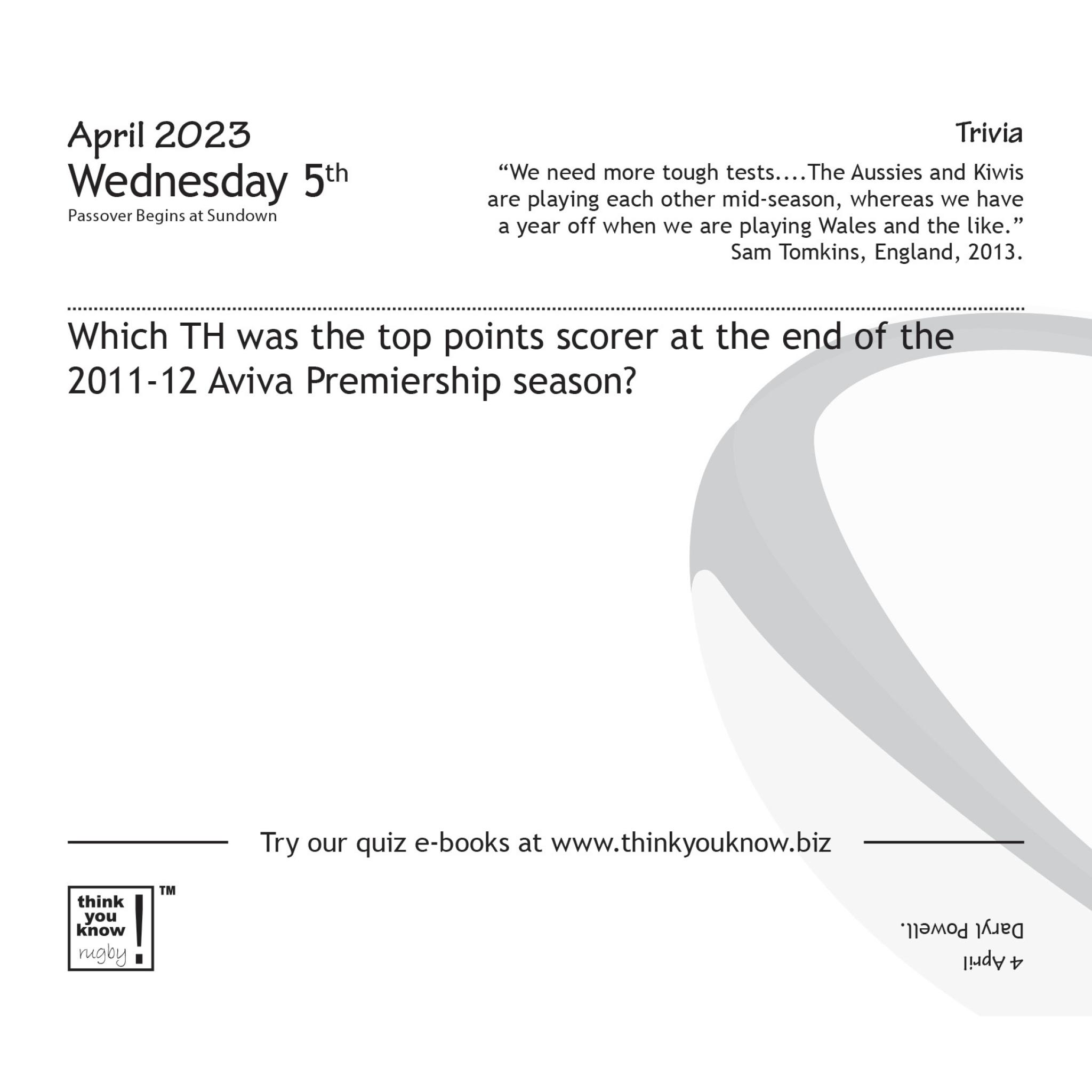 Think You Know Rugby Boxed Calendar 2023