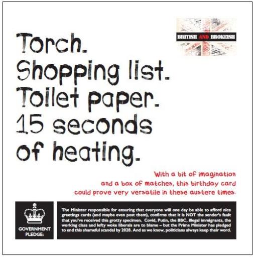 British and Brokeish Card - Torch. Shopping list. Toilet paper. 15 seconds heating.