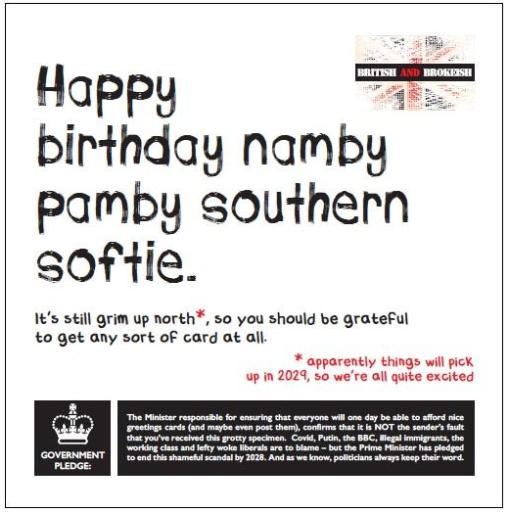 British and Brokeish Card - Happy birthday namby pamby southern softie